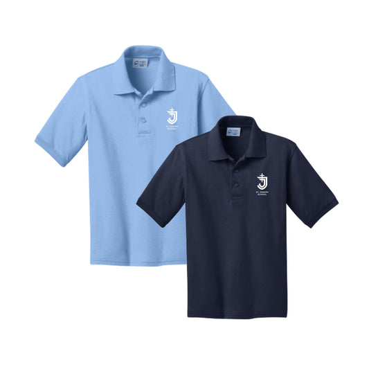 Light blue and navy polo shirts with a logo on a white background