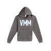 Gray hoodie with 'VMM' logo on a white background
