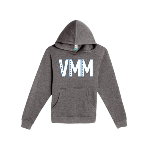Gray hoodie with 'VMM' logo on a white background