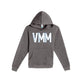 Gray hoodie with 'VMM' logo on a white background