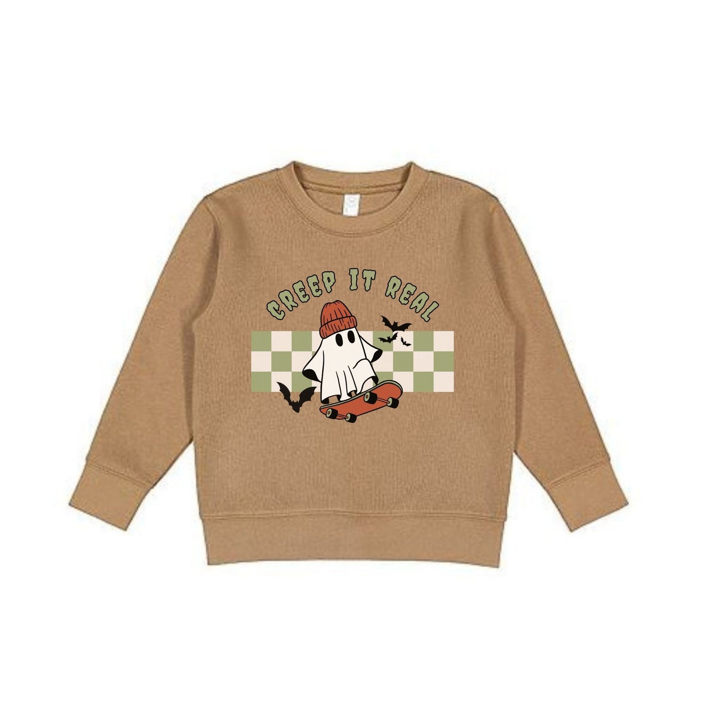 little boy wearing a coyote brown crewneck sweatshirt with cute skateboarding ghost and checkered creep it real print