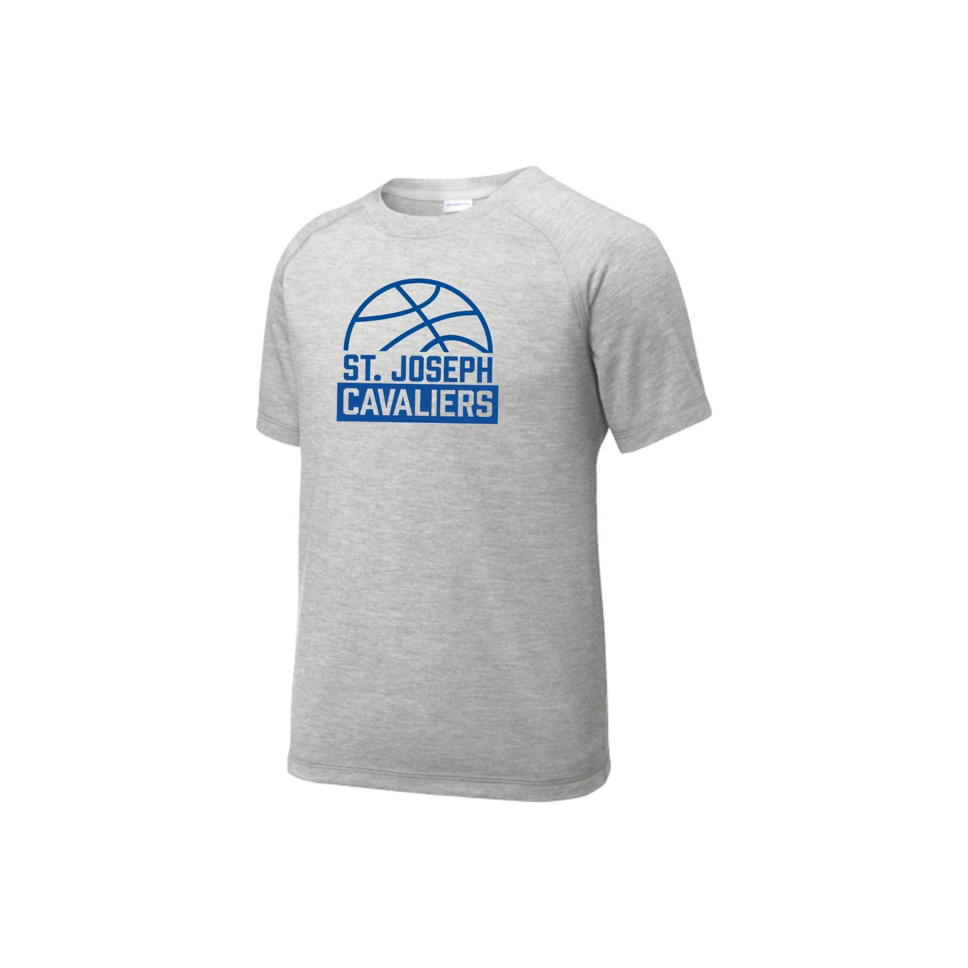 heather light grey performance t-shirt with 'St. Joseph Cavaliers' basketball design in royal blue ink printed on the front center chest