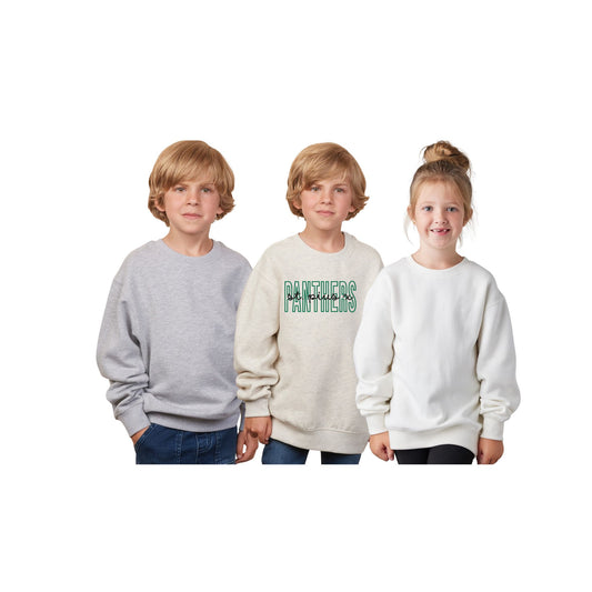 Three children wearing sweatshirts with different designs on a white background
