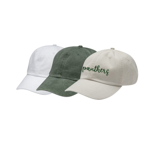 Three baseball caps in white, green, and beige with 'panthers' text on a white background