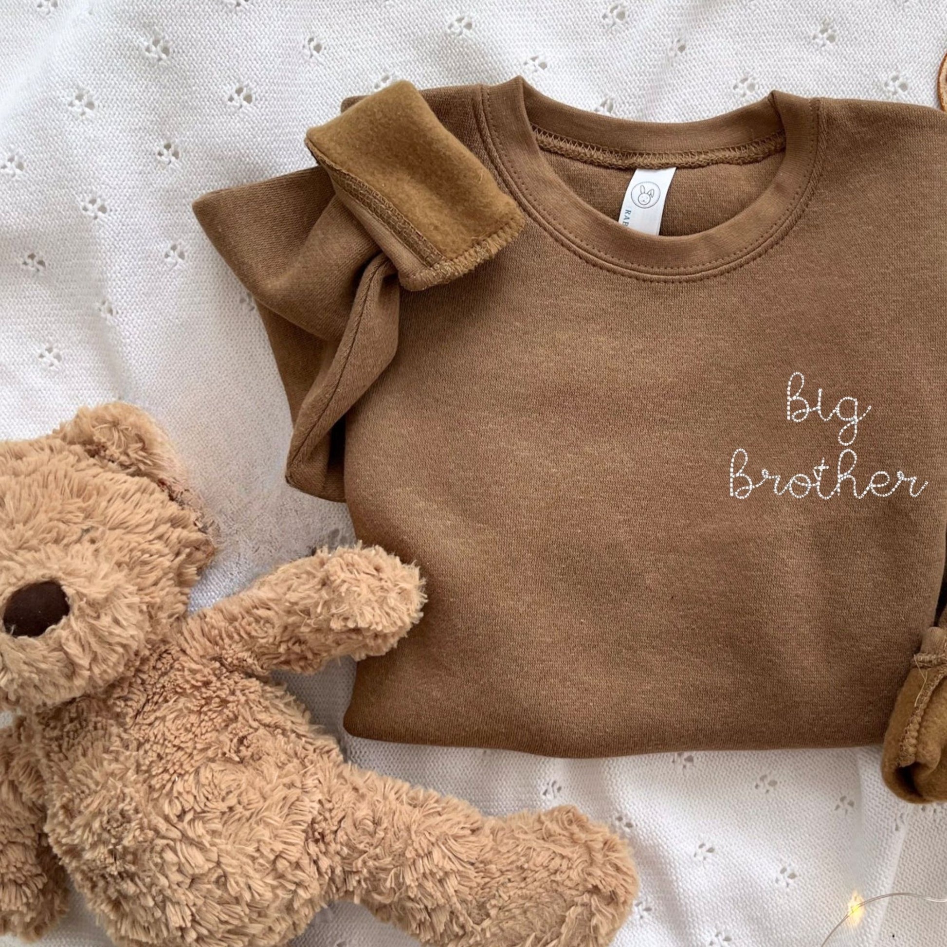 coyote brown toddler crew with custom big brother stitched design on the left chest in natural thread