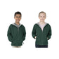 Two children wearing green hooded jackets on a white background