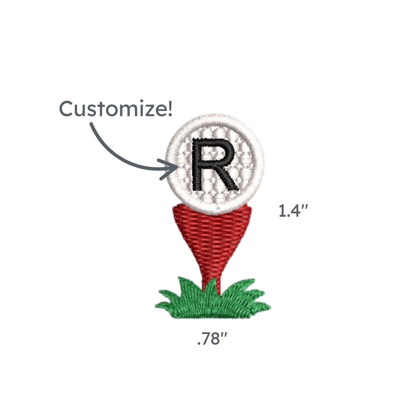 custom golf ball and tee embroidered icon with single letter monogram embroidered on top of the golf ball.