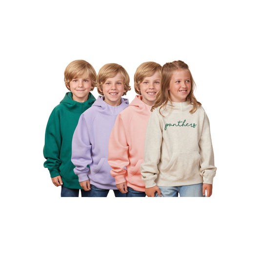 Four children wearing colorful hoodies on a white background