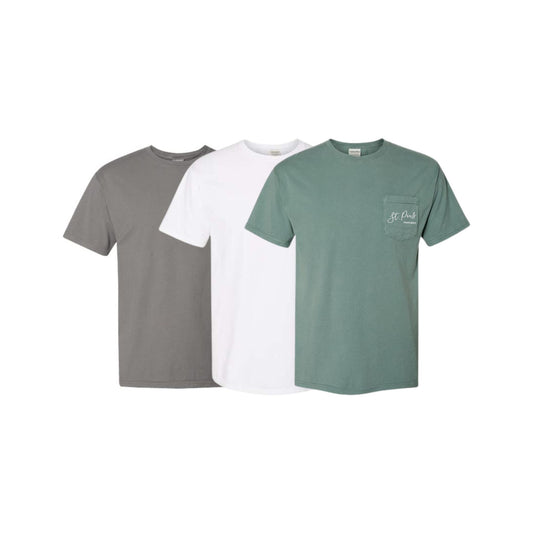 Three t-shirts in gray, white, and green on a white background