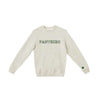 cozy knit latte fleece crew with embroidered open varsity block PANTHERS design on the center chest in green thread and an embroidered green paw print on the left sleeve cuff