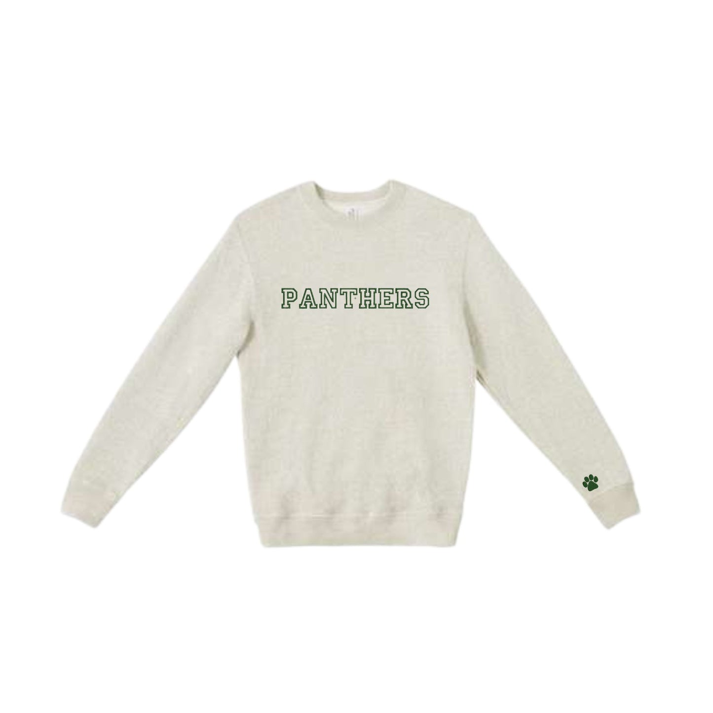 cozy knit latte fleece crew with embroidered open varsity block PANTHERS design on the center chest in green thread and an embroidered green paw print on the left sleeve cuff