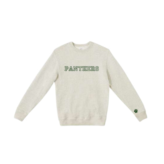 cozy knit latte fleece crew with embroidered open varsity block PANTHERS design on the center chest in green thread and an embroidered green paw print on the left sleeve cuff