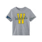 A heather gray short-sleeve t-shirt with a large yellow and navy blue 'W' graphic and the word 'Wildcats' across the chest, featuring a navy blue ' cheer' patch on one sleeve and 'Name' in script on the other.