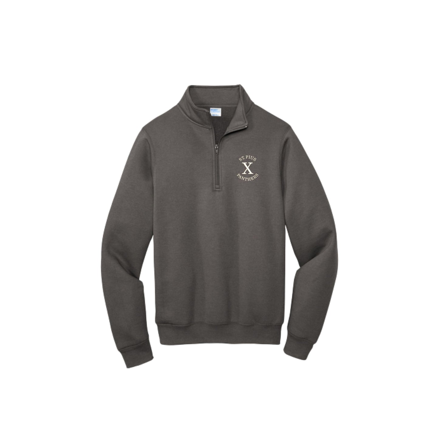 Dark gray sweatshirt with a logo on a white background