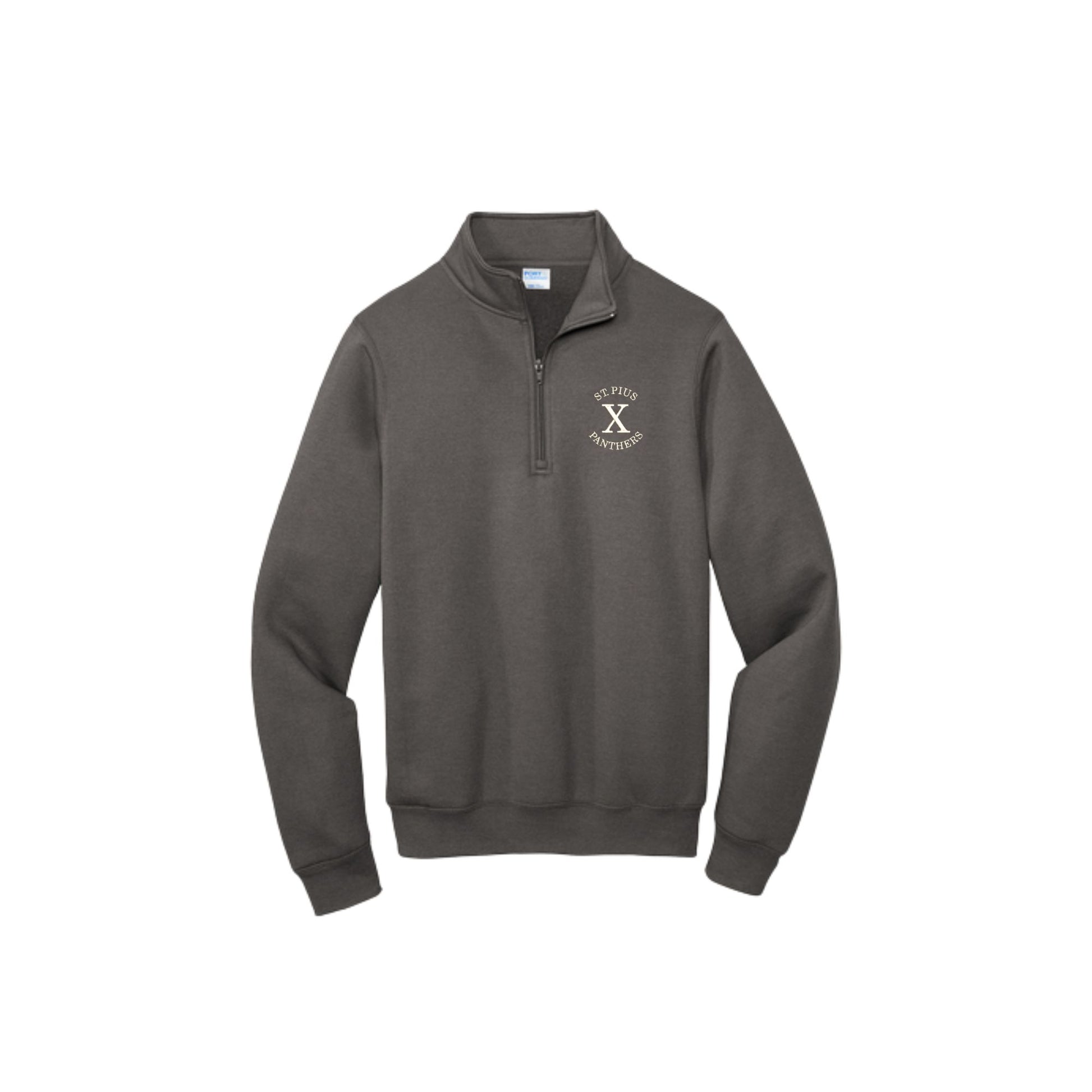 Dark gray sweatshirt with a logo on a white background