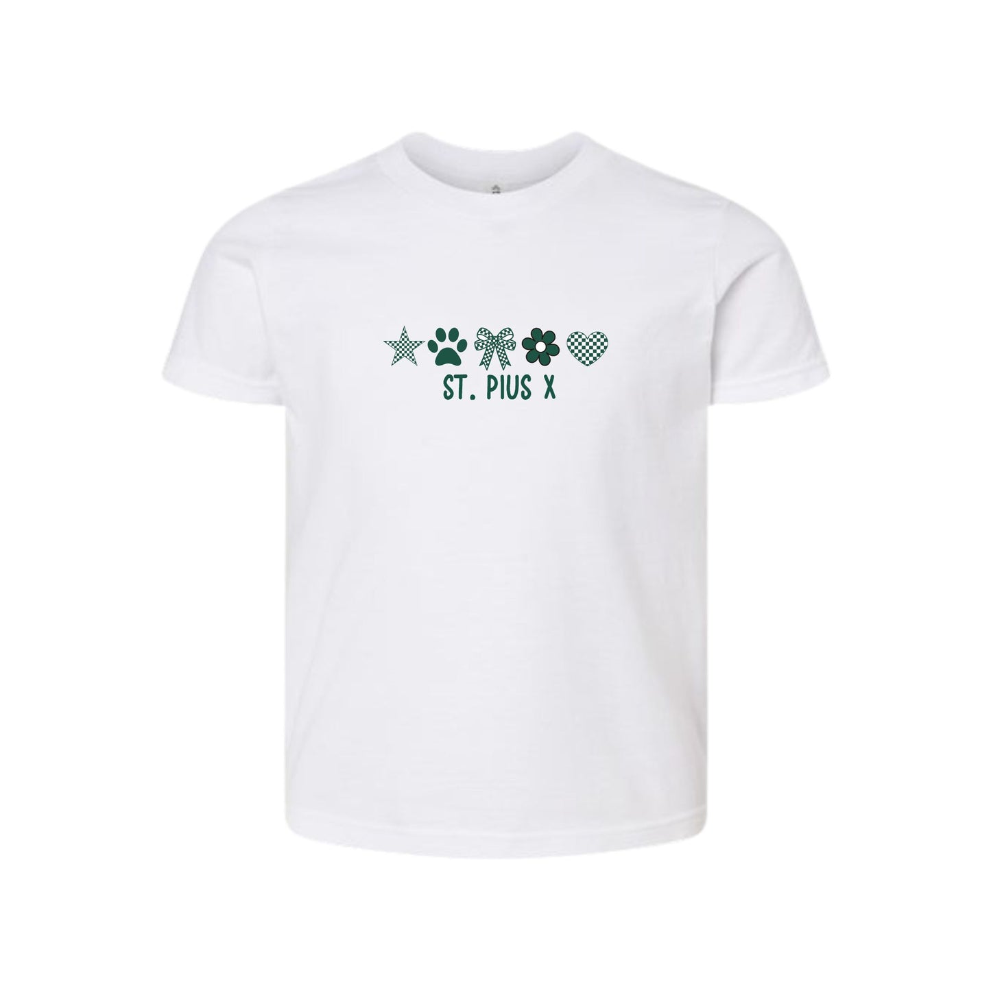 A white short-sleeve crewneck t-shirt featuring a St. Pius X themed graphic on the chest with green flowers, a paw print, and a heart, displayed on a clean white background