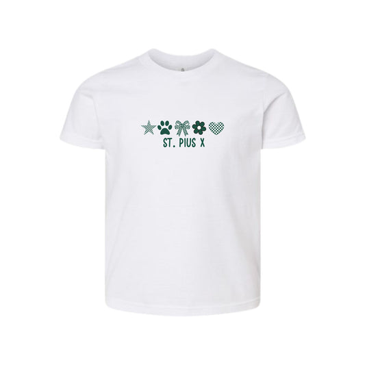 A white short-sleeve crewneck t-shirt featuring a St. Pius X themed graphic on the chest with green flowers, a paw print, and a heart, displayed on a clean white background