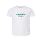 A white short-sleeve crewneck t-shirt featuring a St. Pius X themed graphic on the chest with green flowers, a paw print, and a heart, displayed on a clean white background