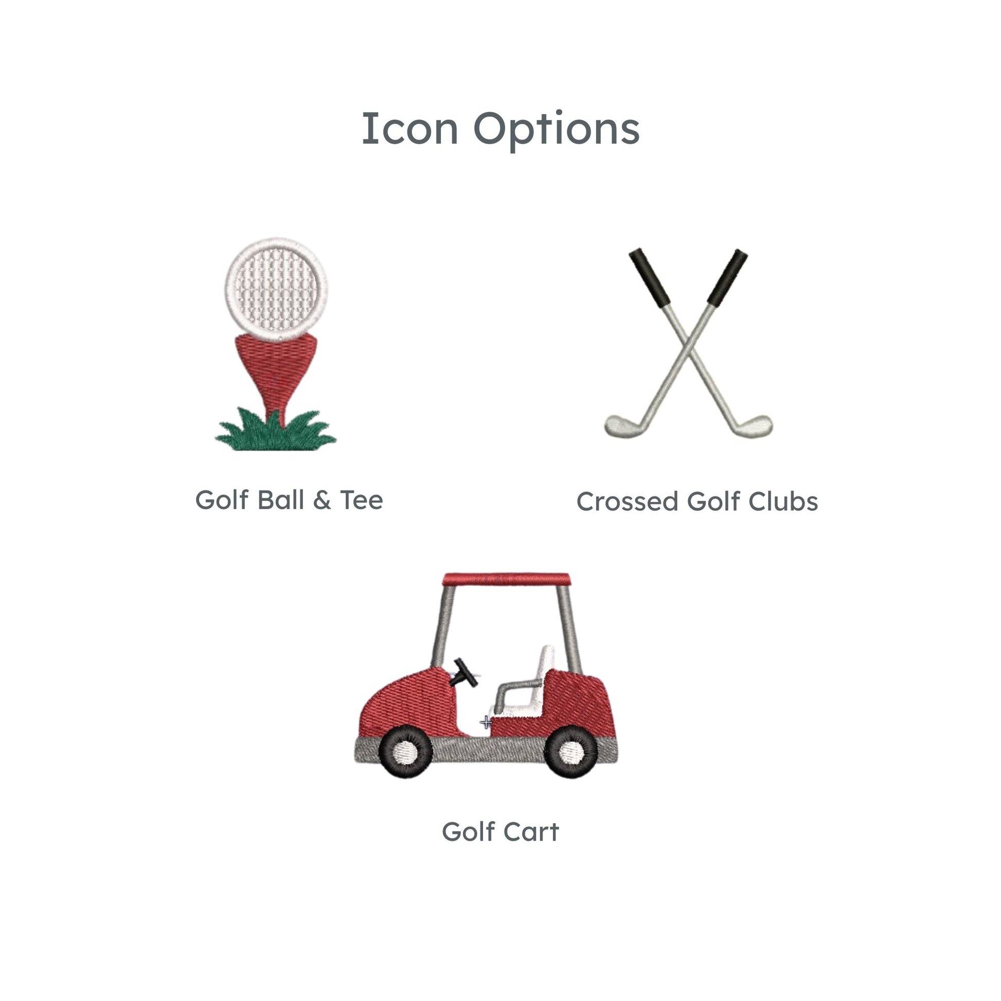 custom golf icon options: golf ball & tee, crossed golf clubs, golf cart