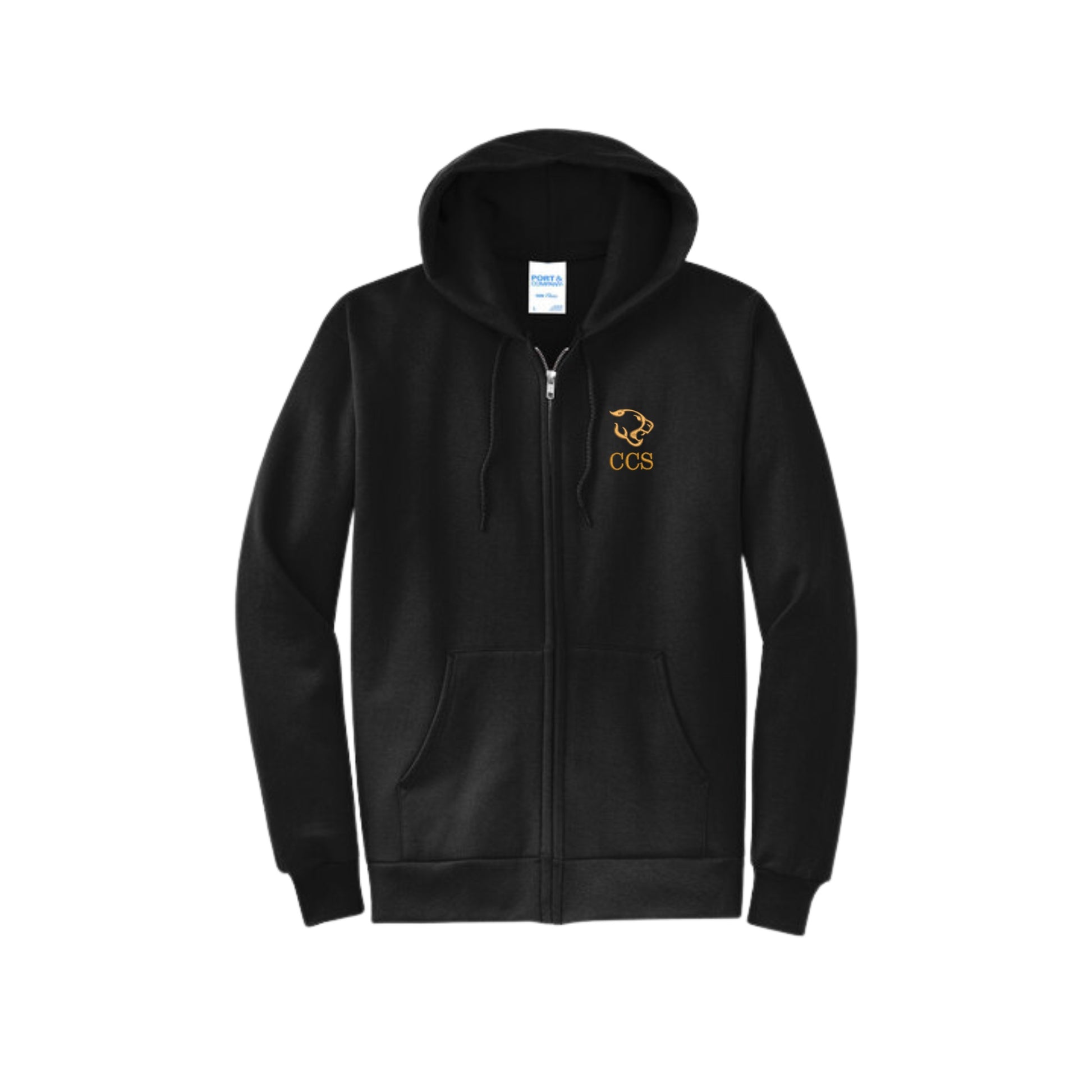 black full zip hoodie with a logo and 'CCS Cougars' embroidered logo on the left chest on a white background