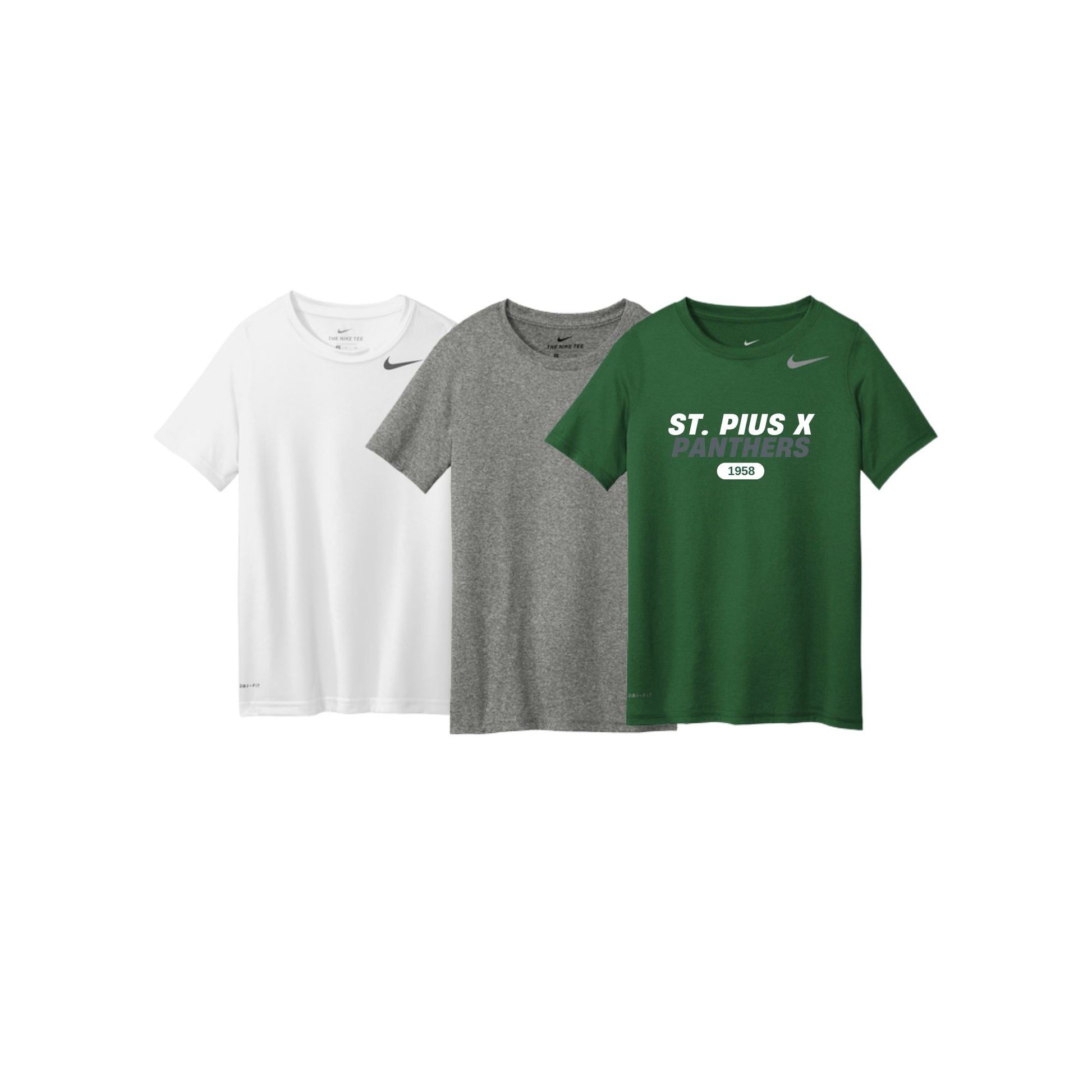 Three Nike t-shirts in white, gray, and green on a white background