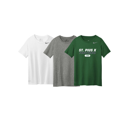 Three Nike t-shirts in white, gray, and green on a white background