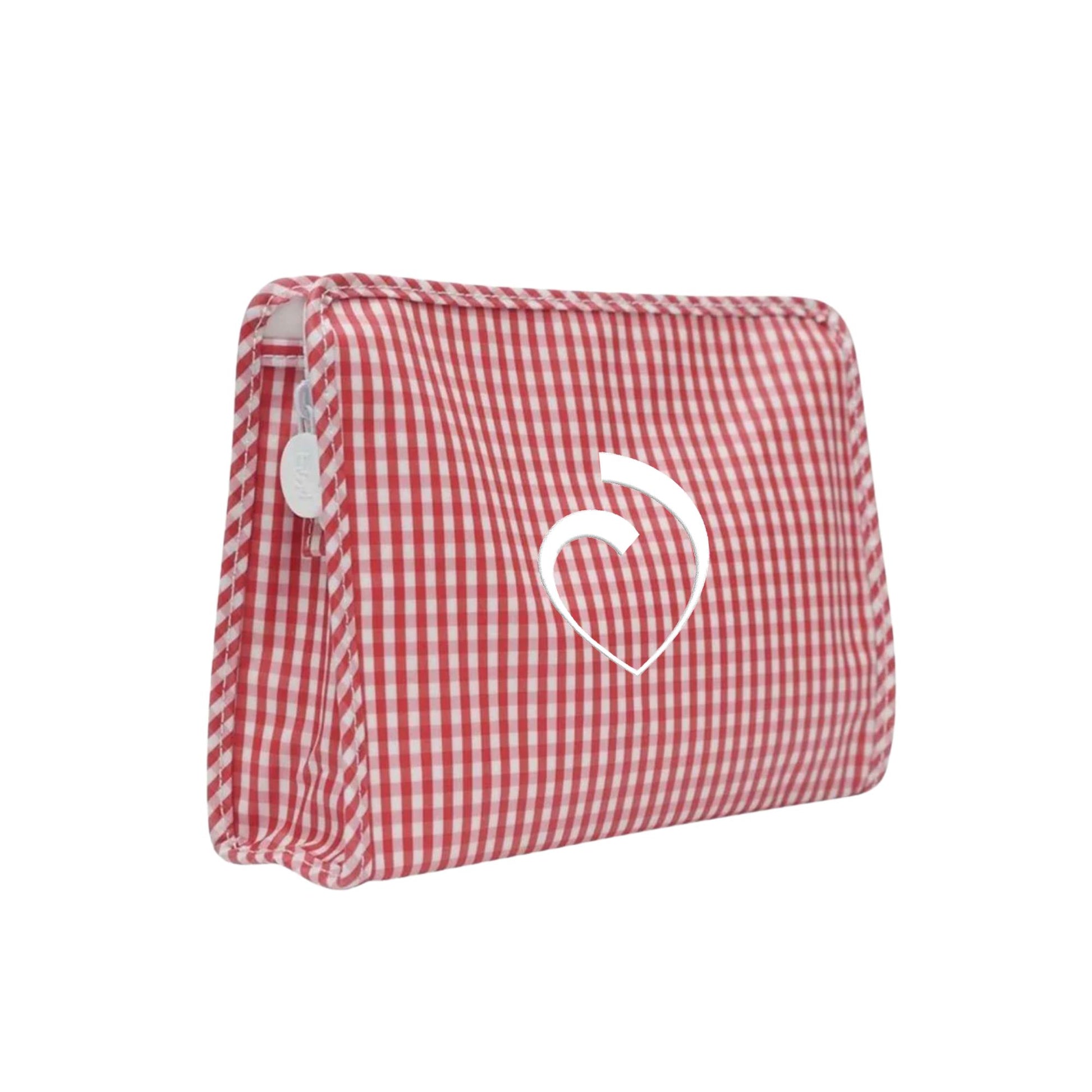 Red gingham makeup pouch with custom sacred heart schools heart logo embroidered on the front center in white thread