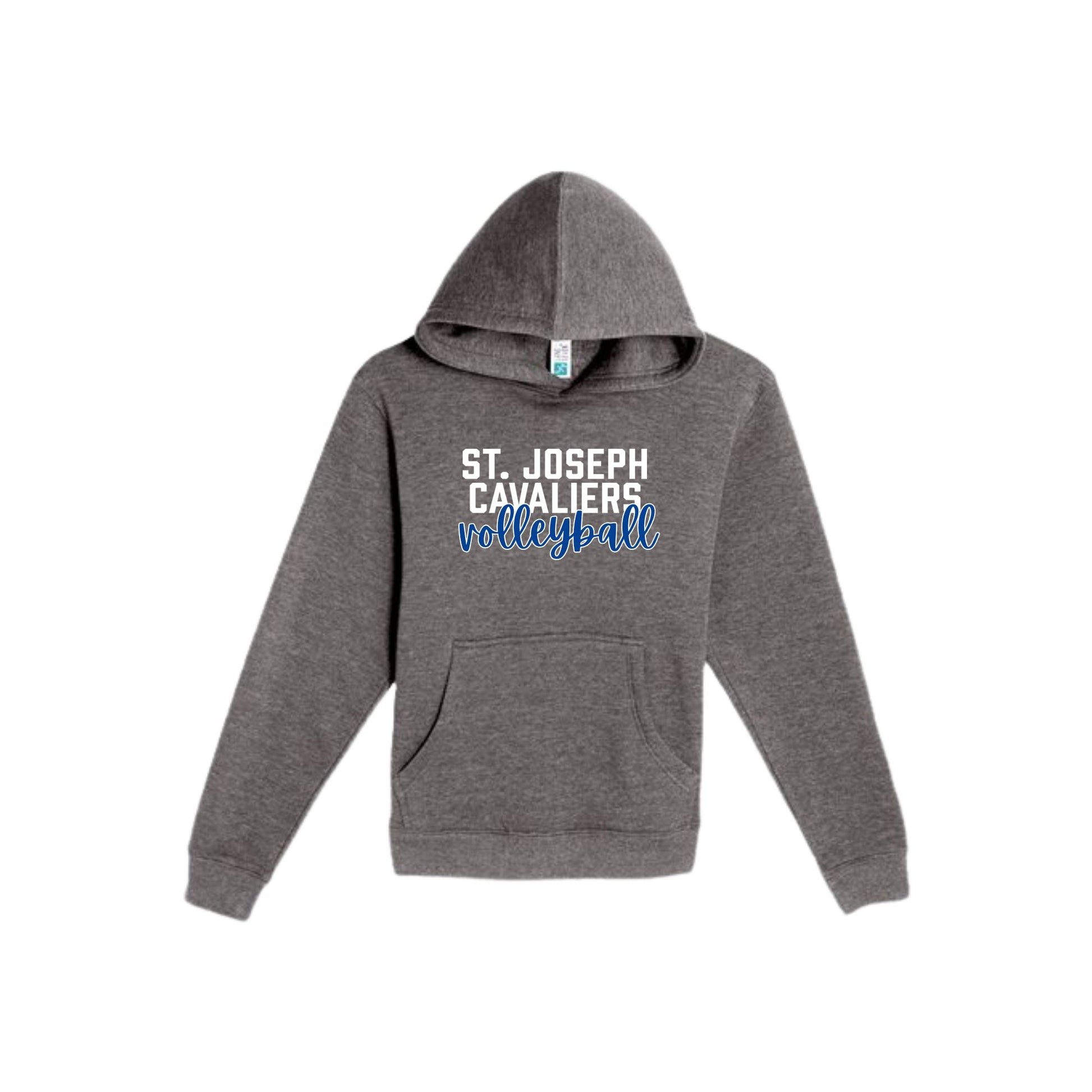 heather charcoal hoodie with 'St. Joseph Cavaliers volleyball' printed design on the center chest