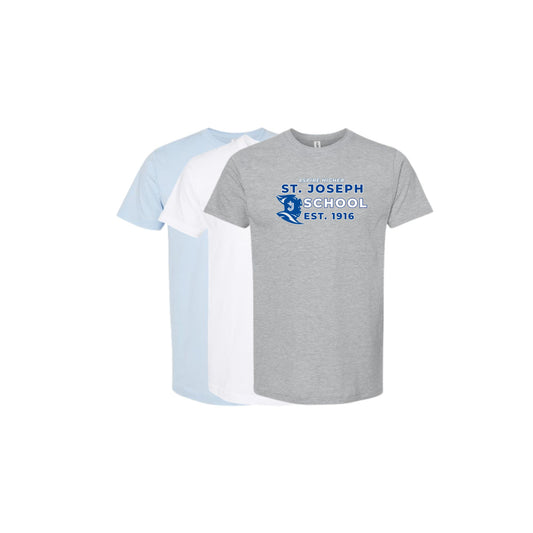 Three t-shirts in gray, white, and light blue with 'St. Joseph School' logo on a white background.