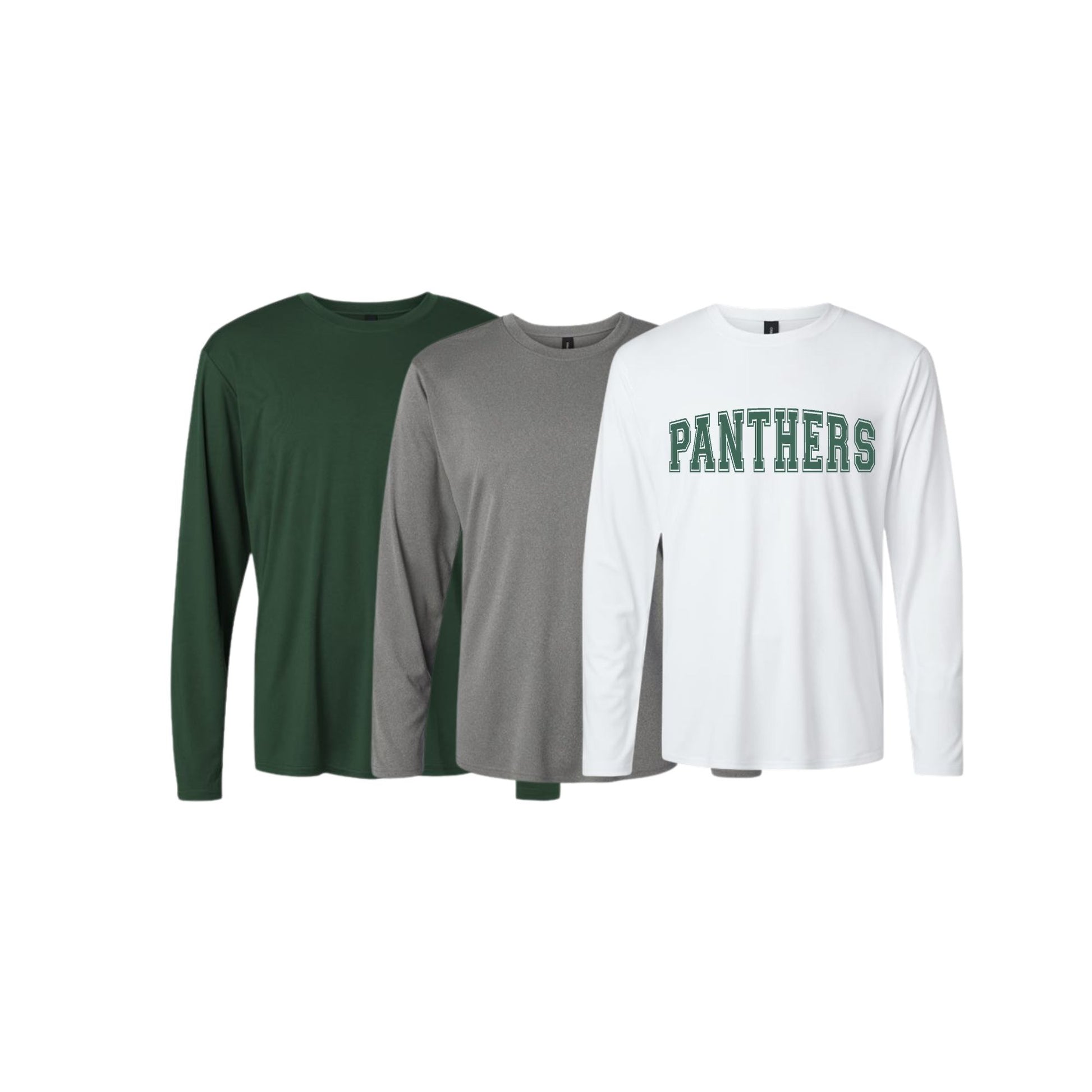 Three long-sleeve shirts in green, gray, and white with 'PANTHERS' text on a white background.