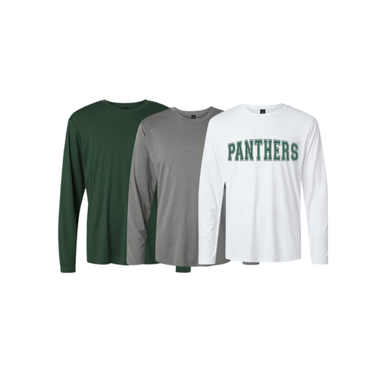 Three long-sleeve shirts in green, gray, and white with 'PANTHERS' text on a white background.