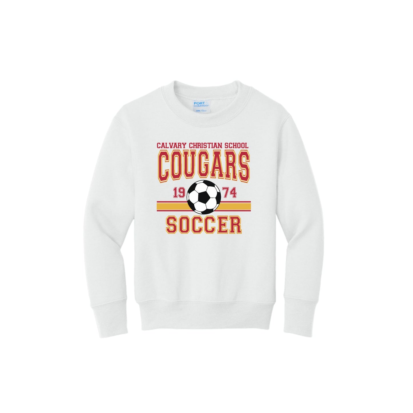 White sweatshirt with 'Calvary Christian School Cougars Soccer' text and a soccer ball graphic on a white background