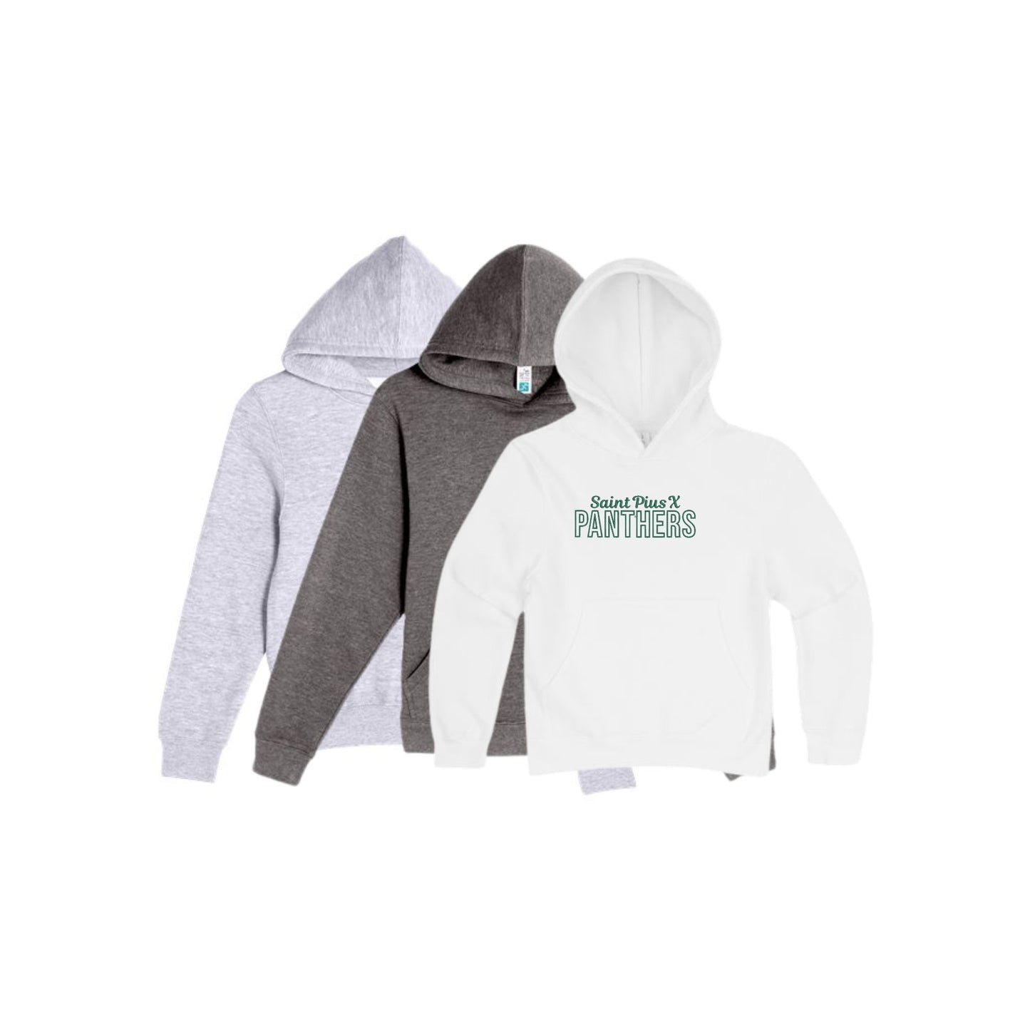 Three hoodies in gray, black, and white with 'Saint Plus X Panthers' text on a white background