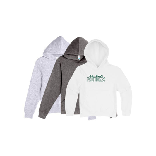 Three hoodies in gray, black, and white with 'Saint Plus X Panthers' text on a white background