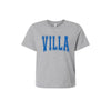 Gray t-shirt with 'VILLA' printed in blue on a white background