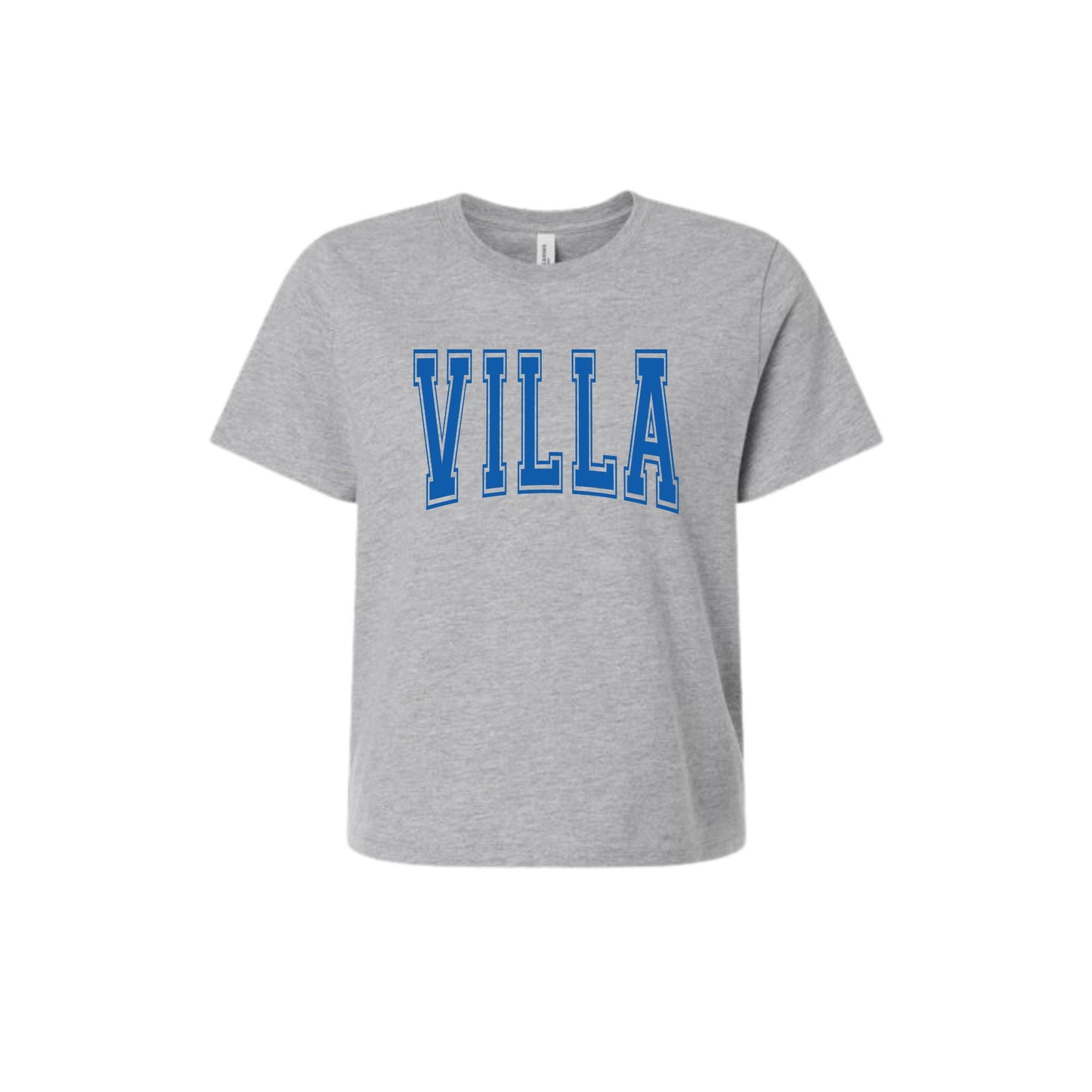 Gray t-shirt with 'VILLA' printed in blue on a white background