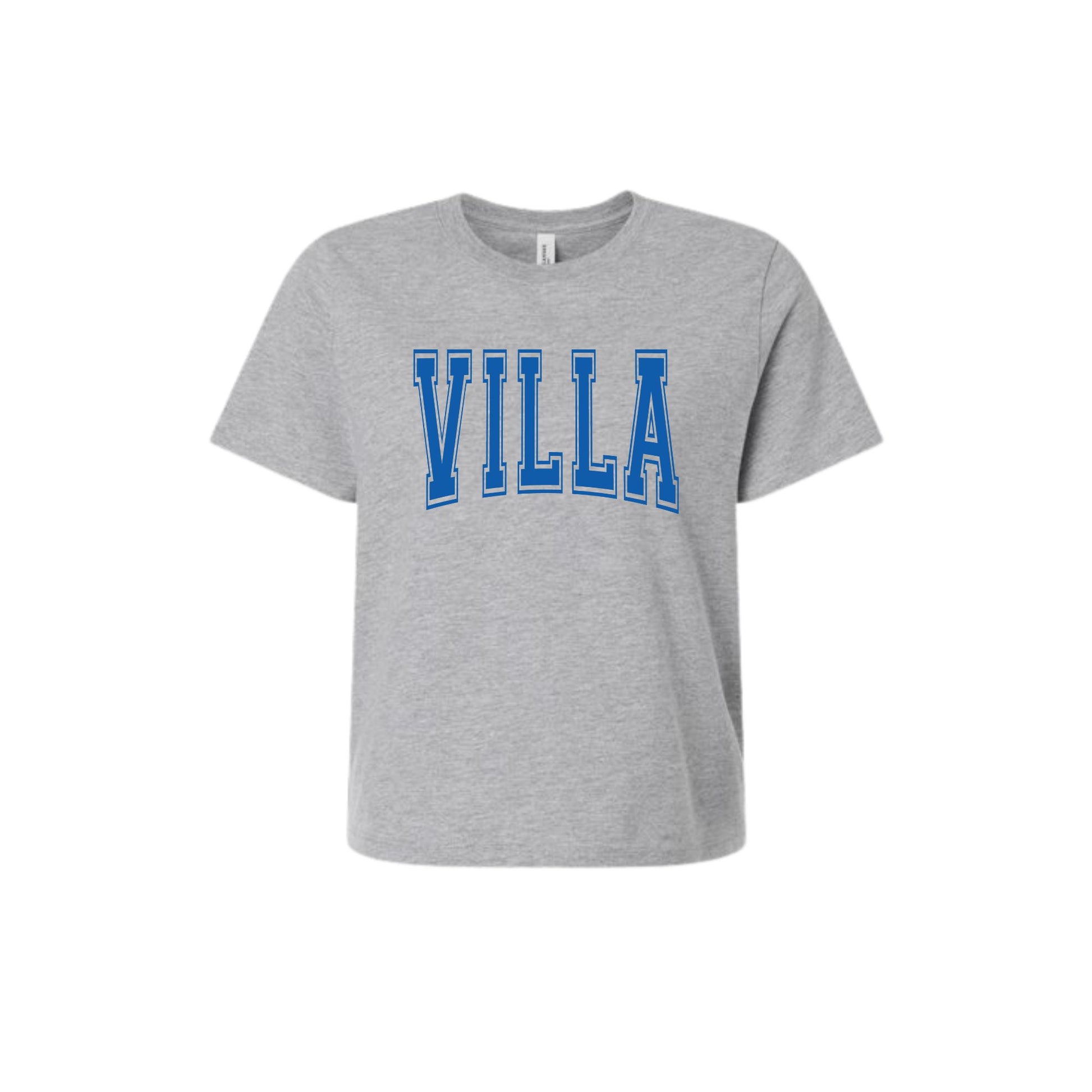 Gray t-shirt with 'VILLA' printed in blue on a white background