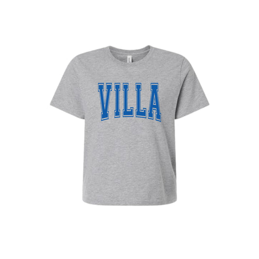 Gray t-shirt with 'VILLA' printed in blue on a white background