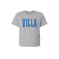 Gray t-shirt with 'VILLA' printed in blue on a white background