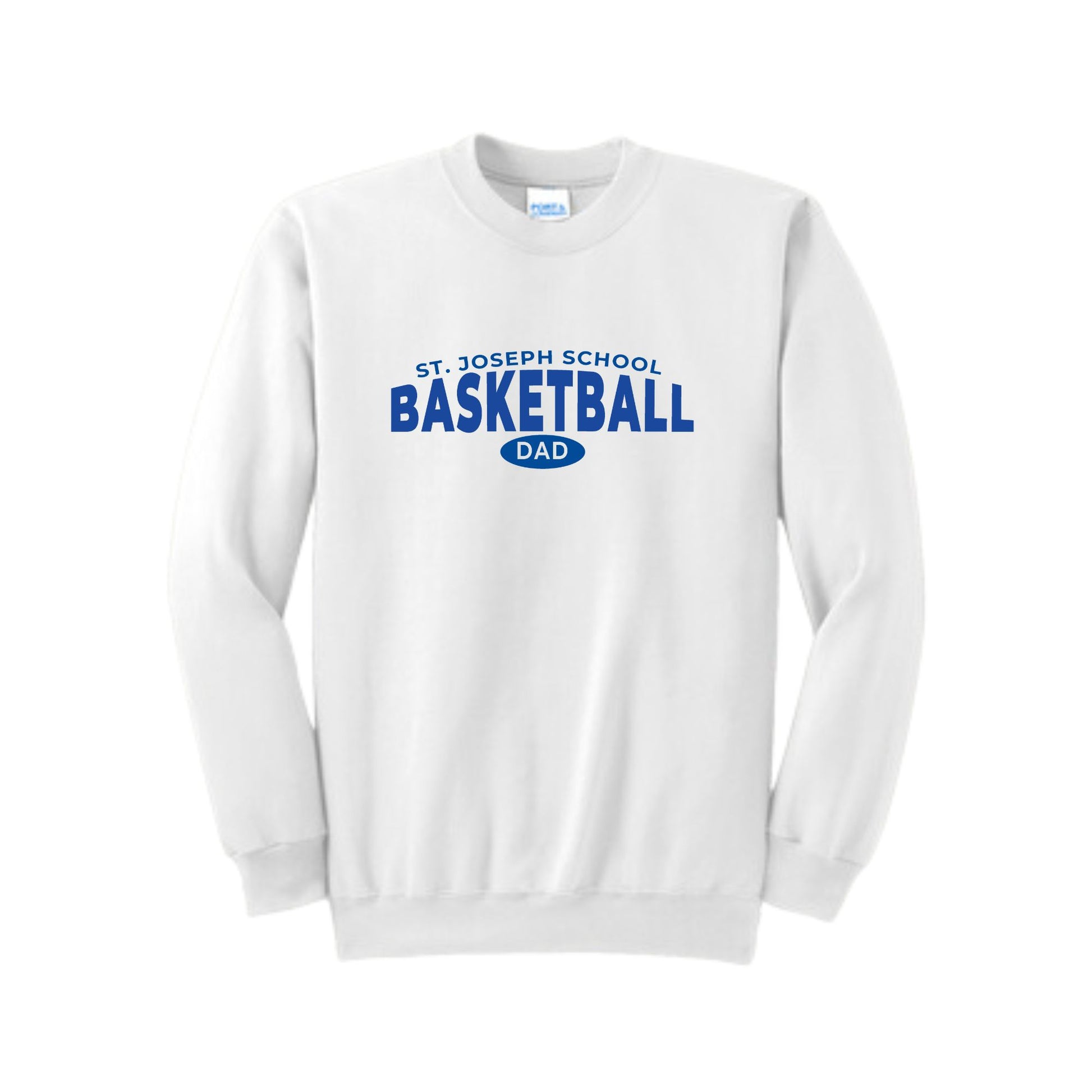 white crewneck sweatshirt with a royal blue st. joseph school basketball dad print