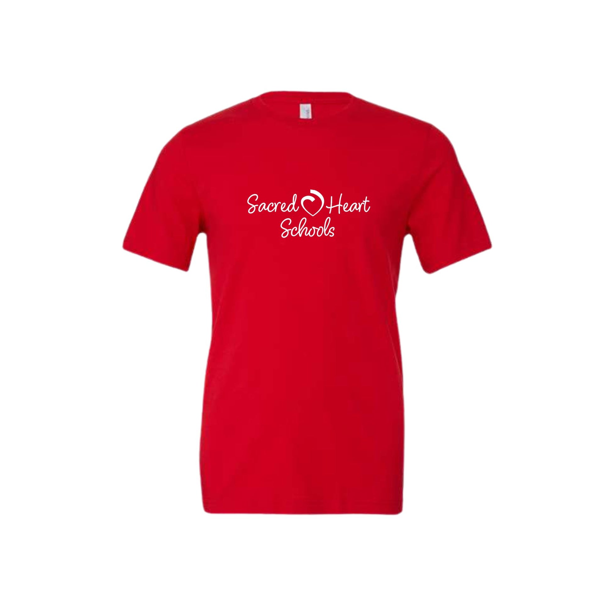 red bella and canvas tee with a custom sacred heart schools print in white 