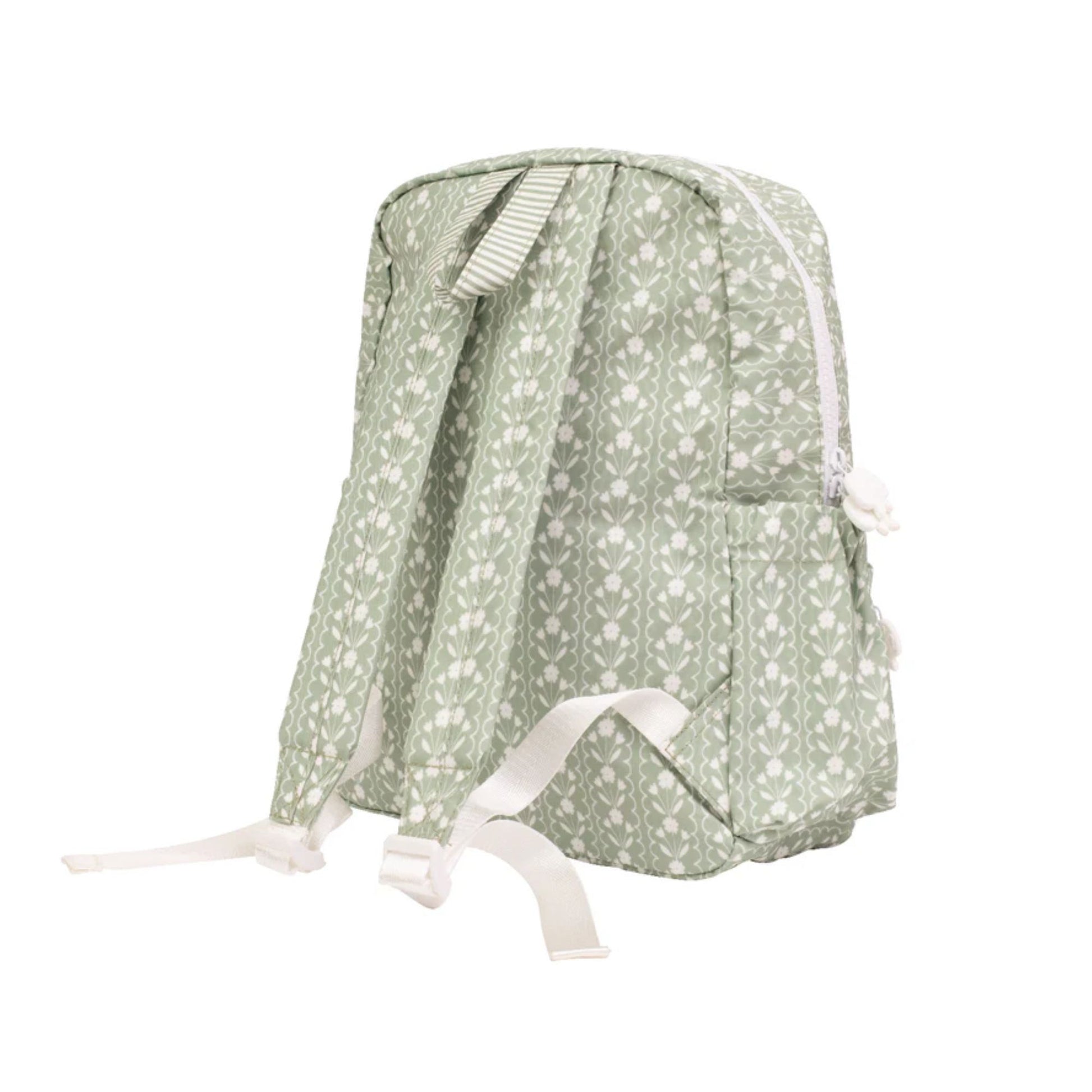 Back of a sage green backpack with white floral pattern and white straps on a white background