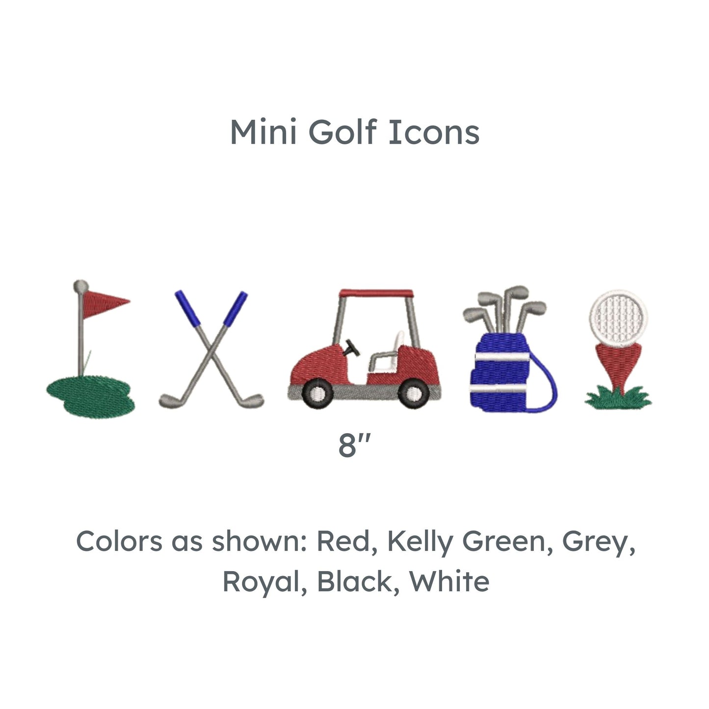 custom embroidered golf icons - golf flag, golf poles, golf cart, golf bag, and ball with tee in shades of blue, green, and red