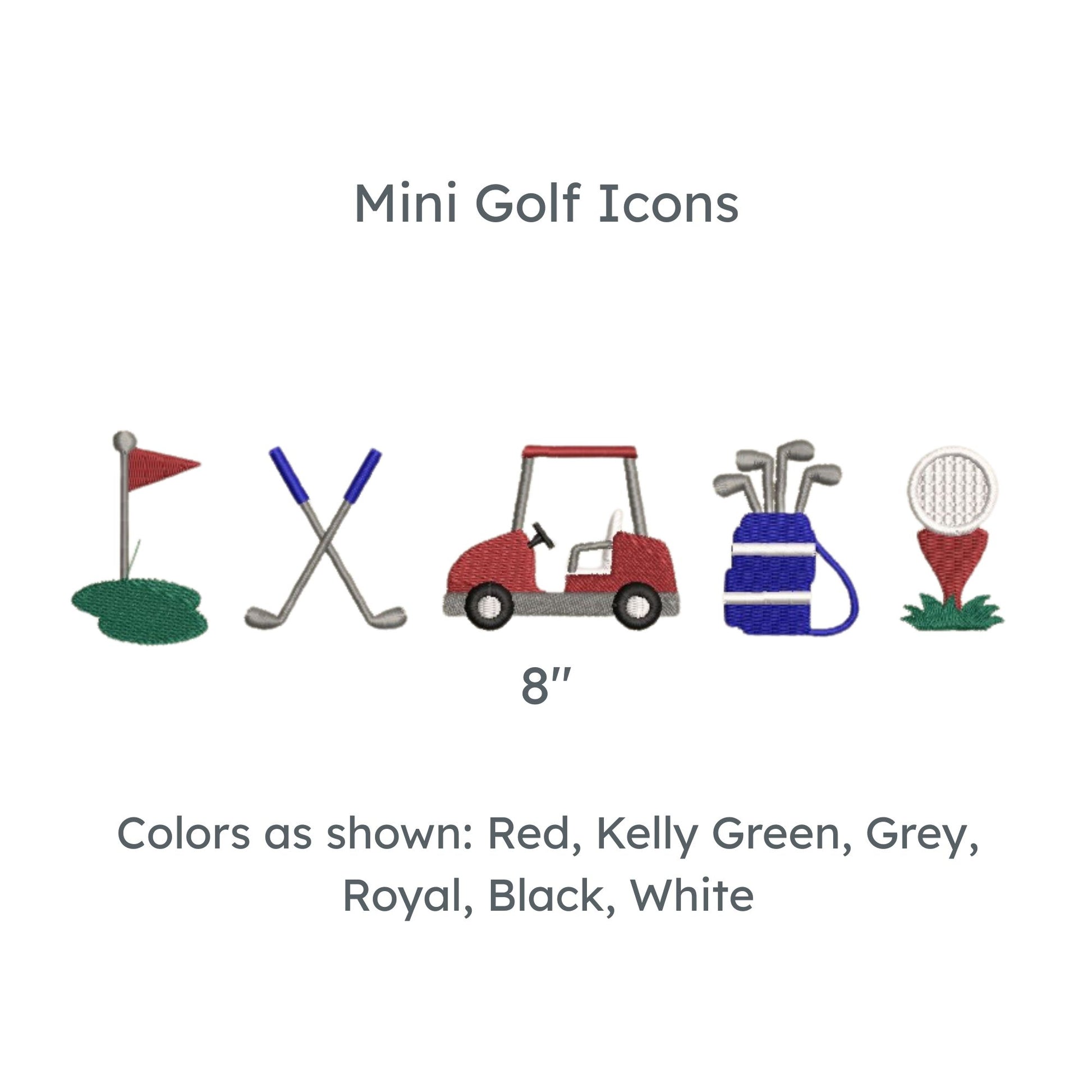 custom embroidered golf icons - golf flag, golf poles, golf cart, golf bag, and ball with tee in shades of blue, green, and red