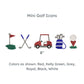 custom embroidered golf icons - golf flag, golf poles, golf cart, golf bag, and ball with tee in shades of blue, green, and red