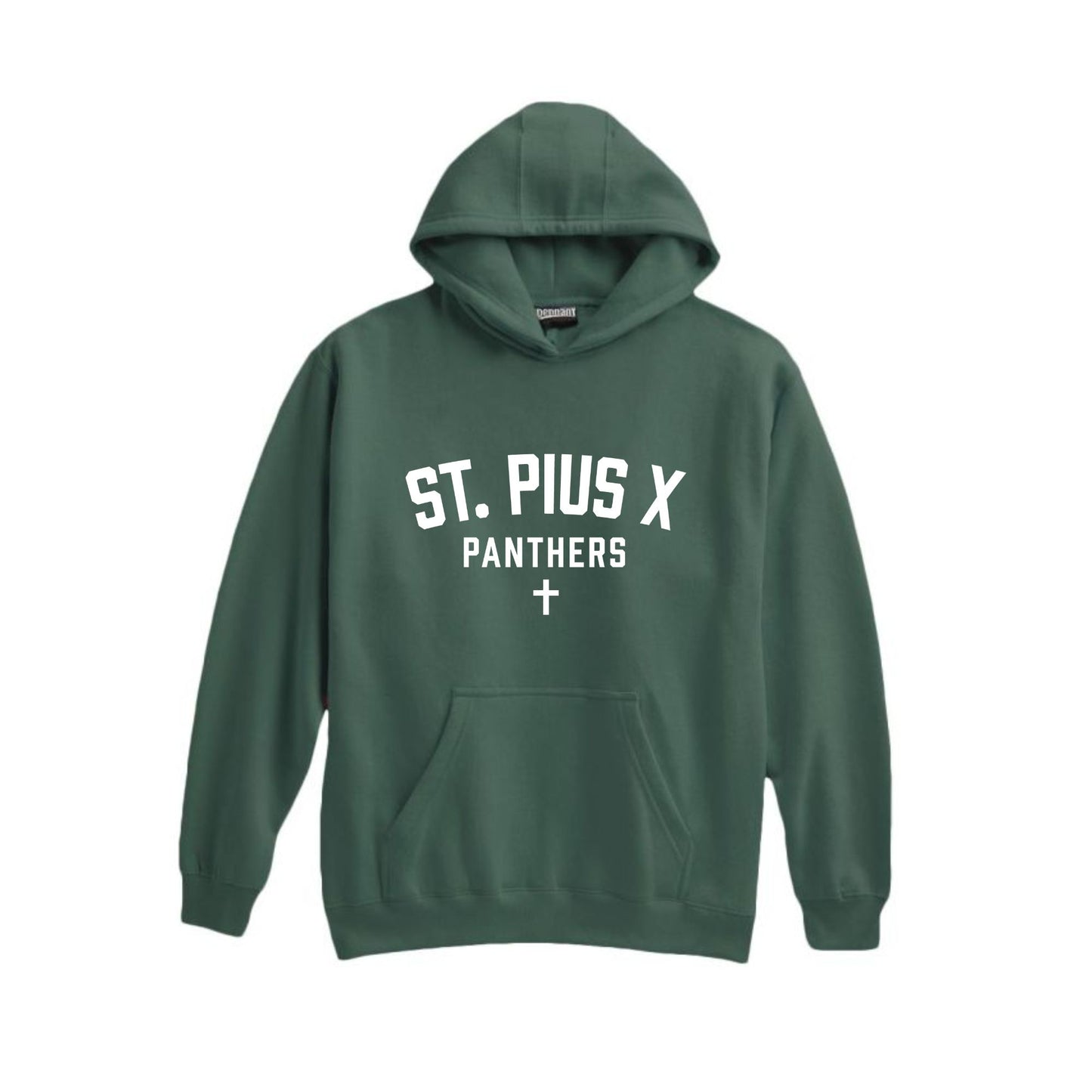 A dark green pullover hoodie with 'ST. PIUS X PANTHERS' and a cross printed in white on the chest, displayed against a solid white background.