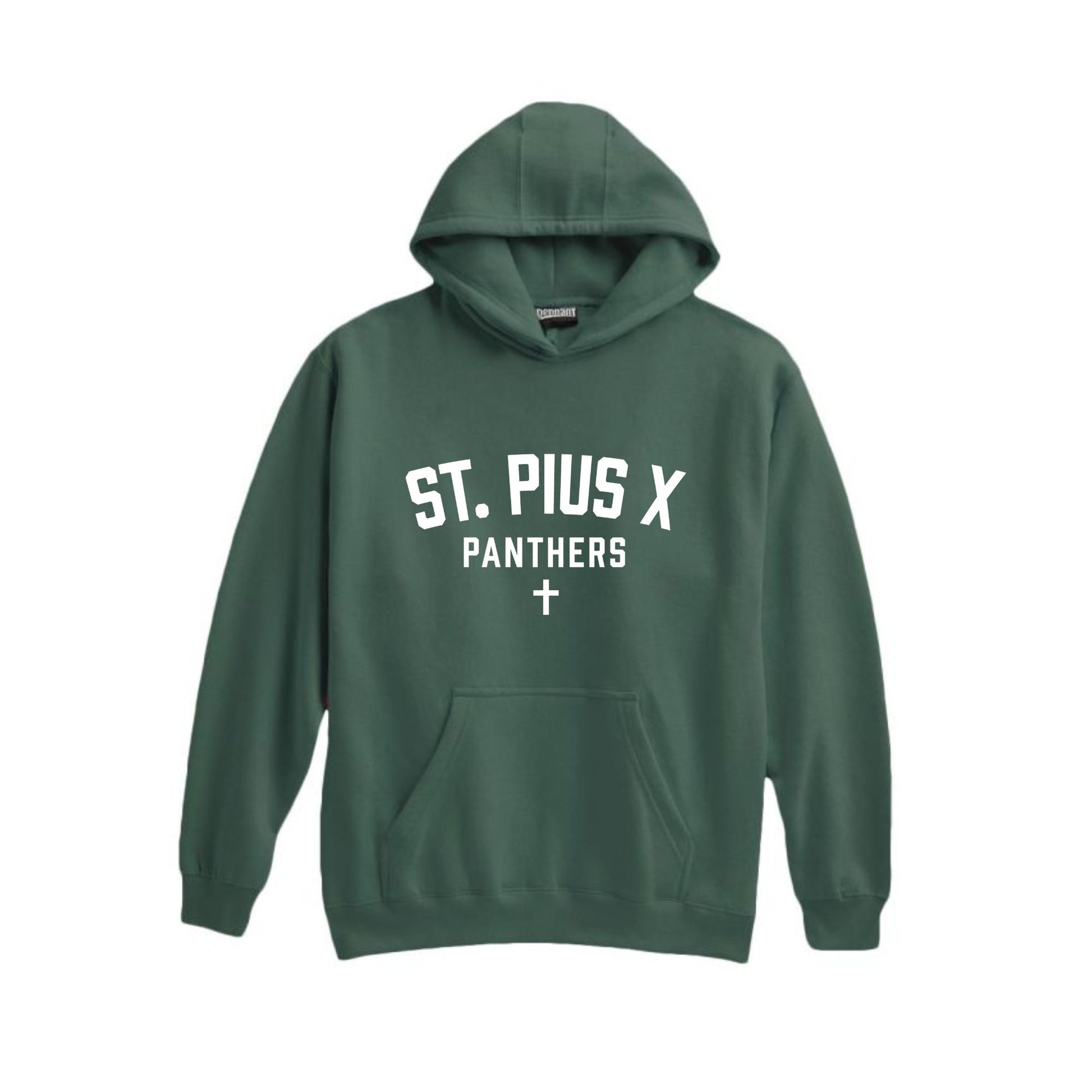 A dark green pullover hoodie with 'ST. PIUS X PANTHERS' and a cross printed in white on the chest, displayed against a solid white background.