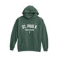 A dark green pullover hoodie with 'ST. PIUS X PANTHERS' and a cross printed in white on the chest, displayed against a solid white background.