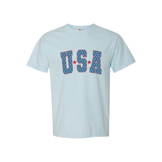 chambray comfort colors t-shirt featuring a large vintage inspired USA star printed design 