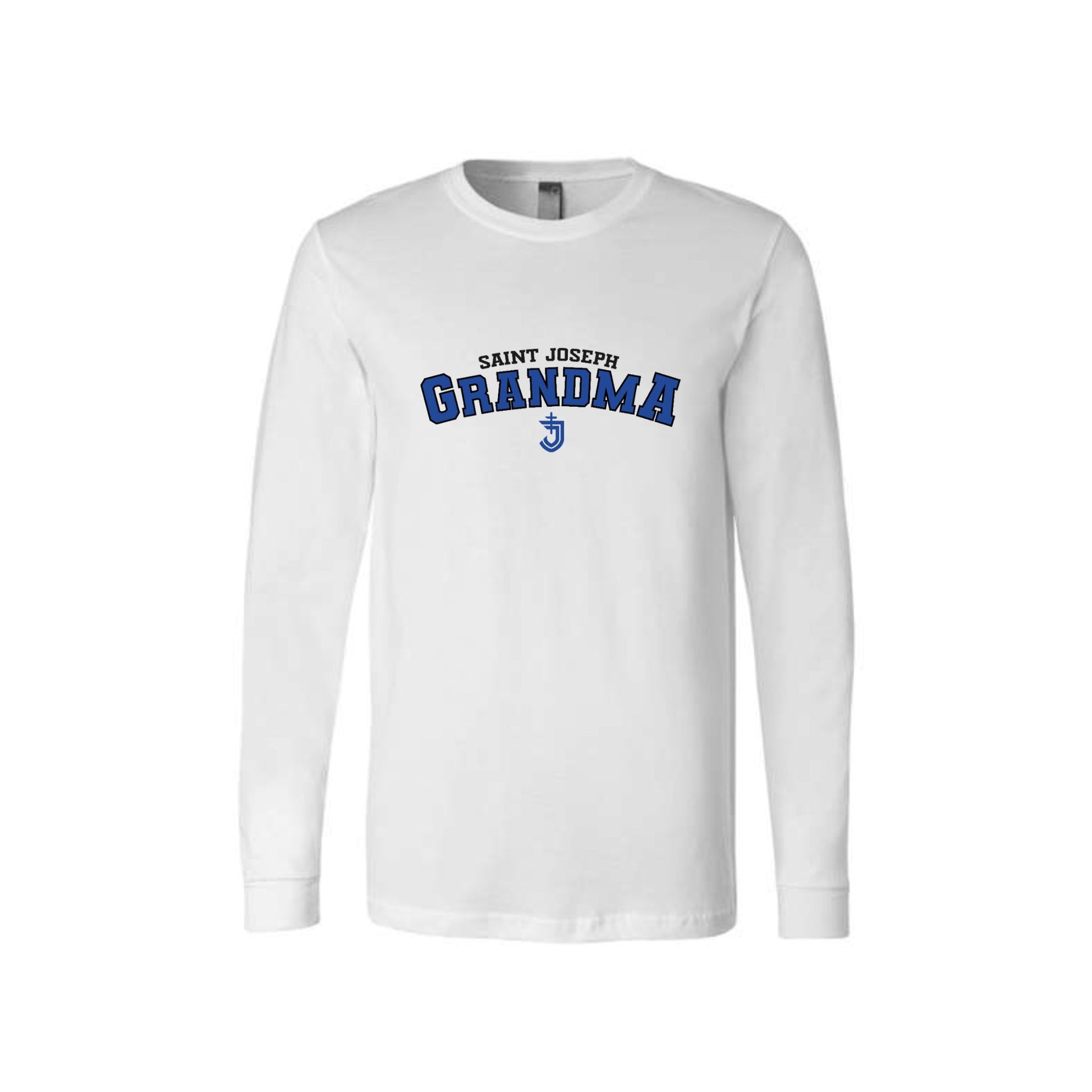 white bella and canvas long sleeve shirt with custom saint joseph grandma athletic block printed design in black and royal blue